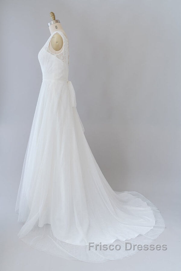 Long A-line V-neck Lace Tulle Backless Wedding Dress