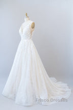 Long A-line V-neck Open Back Appliques Lace Tulle Wedding Dress