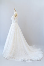 Long A-line V-neck Open Back Appliques Lace Tulle Wedding Dress