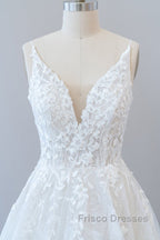 Long A-line V-neck Open Back Appliques Lace Tulle Wedding Dress