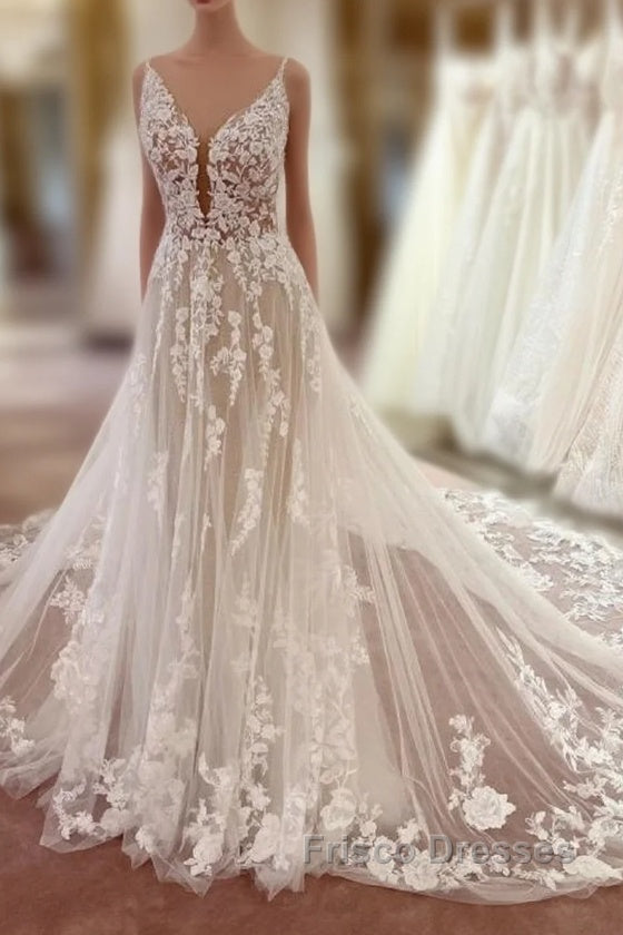 Long A-line V-neck Sleeveless Floral Lace Tulle Boho Wedding Dress