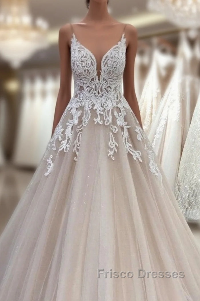 Long A-Line V-neck Spaghetti Straps Backless Appliques Lace Tulle Wedding Dress Main image