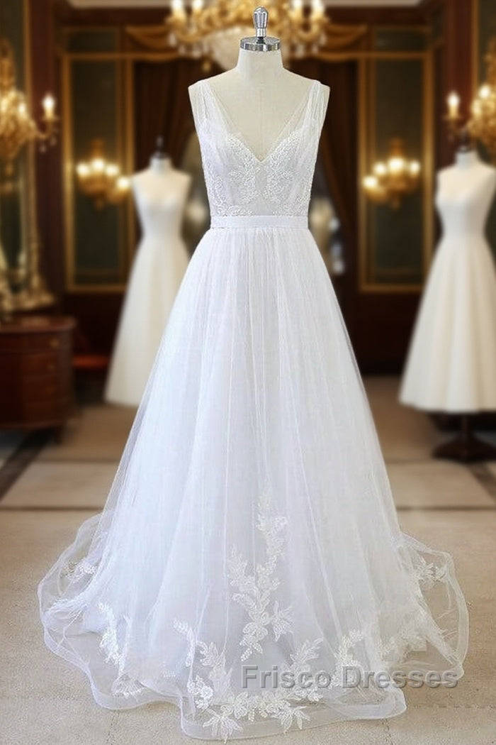 Long A-line V-neck Sweetheart Ruffle Applqiues Tulle Backless Wedding Dress Main image