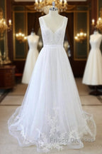 Long A-line V-neck Sweetheart Ruffle Applqiues Tulle Backless Wedding Dress