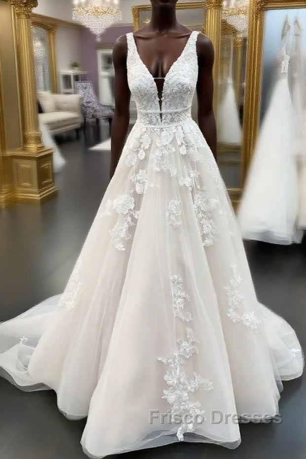 Long A-line V-neck Tulle Appliques Lace Wedding Dress Main image