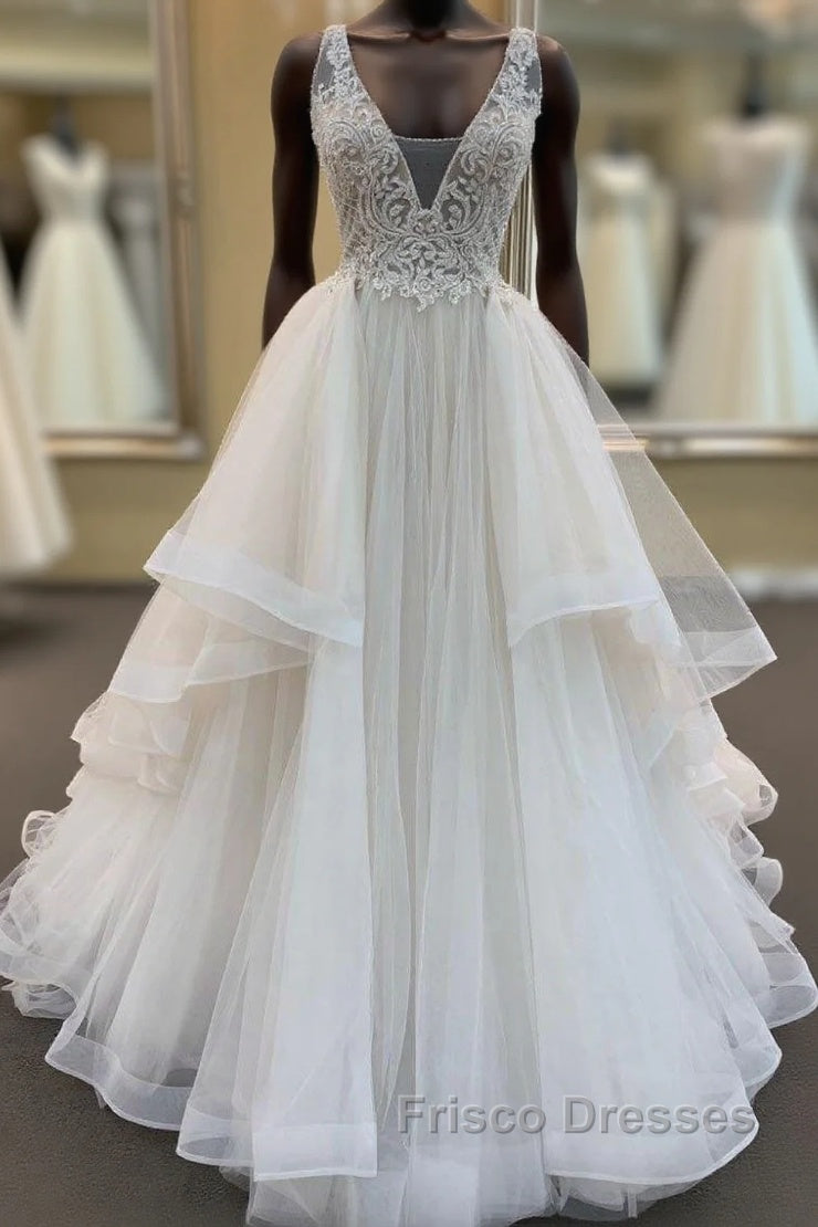 Long A-line V-neck Tulle Lace Wedding Dress