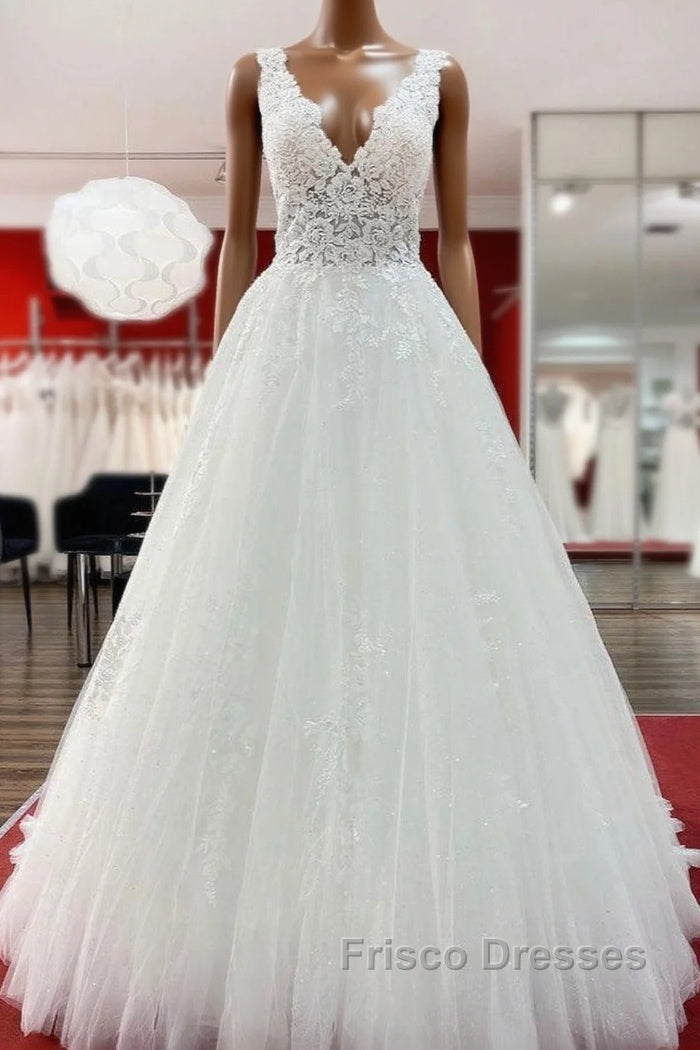 Long A-line V-neck Tulle Lace White Ruffles Wedding Dress Main image