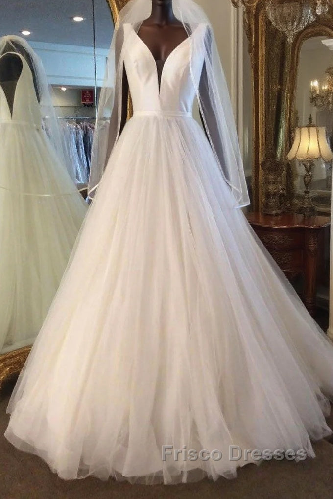 Long A-line V Neck Tulle Satin Wedding Dress