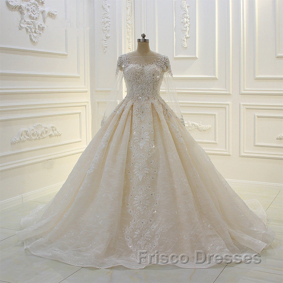Long Ball Gown Beading Bateau Appliques Lace Wedding Dress with Sleeves Main image