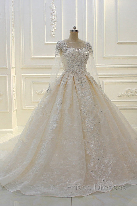 Long Ball Gown Beading Bateau Appliques Lace Wedding Dress with Sleeves Secondary image