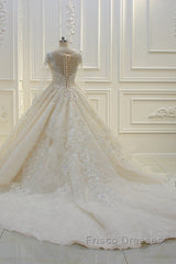 Long Ball Gown Beading Bateau Appliques Lace Wedding Dress with Sleeves