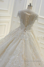 Long Ball Gown Beading Bateau Appliques Lace Wedding Dress with Sleeves