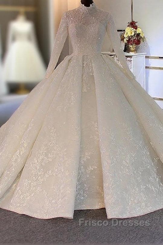 Long Ball Gown High Neck Tulle Lace Wedding Dress with Sleeves