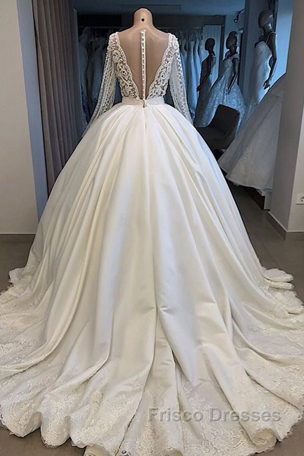 Long Ball Gown Satin V-neck Wedding Dress with Sleeves Secondary image