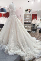 Long Ball Gown V-neck Spaghetti Straps Tulle Lace Wedding Dress