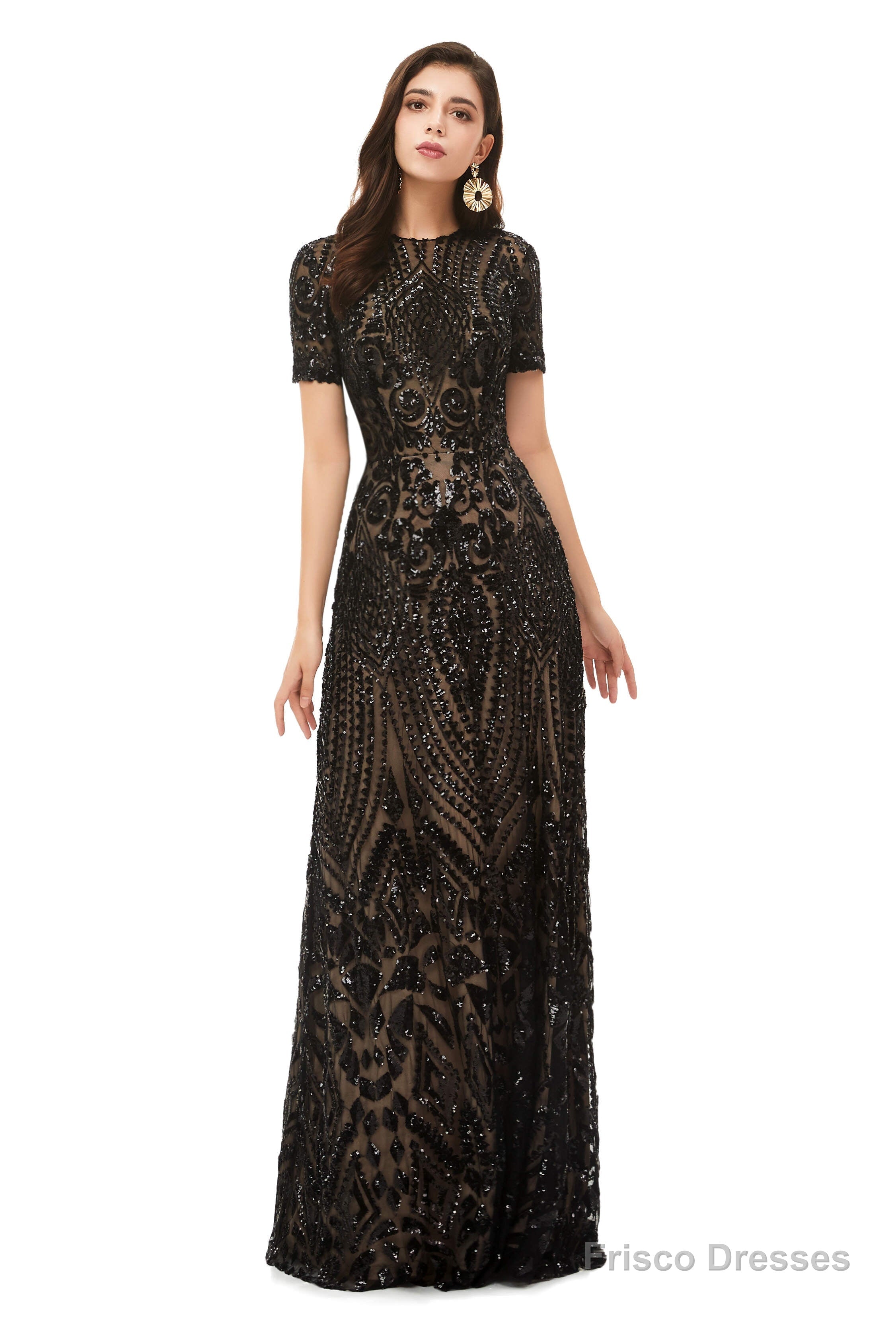 Long Black Sparkly Sequins Prom Dresses With Short Sleeves Secondary image