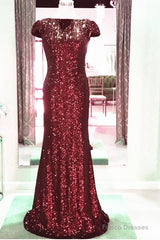 Long Burgundy Sequins Dropped Back Mermaid Bridesmaid Dresses