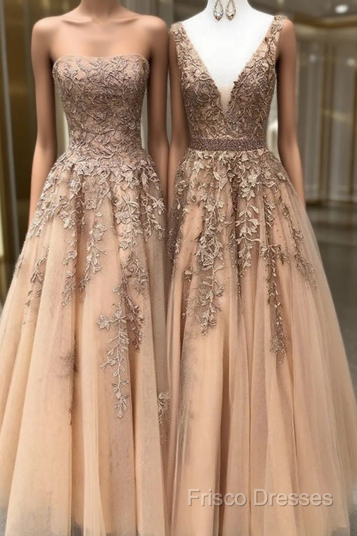 Long Champagne Formal Prom Dress Sexy V Neck Strapless A Line Appliques Formal Party Dress Main image