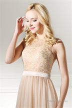 Long Chiffon Champagne Prom Dresses With Lace Bodice