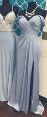 Long Chiffon V-Neck Off Shoulder Formal Dresses Leg Slit Bridesmaid Dress