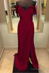 Long Chiffon V-Neck Off Shoulder Formal Dresses Leg Slit Bridesmaid Dress
