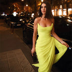Long Chiffon Yellow Prom Dresses With Irregular Skirt
