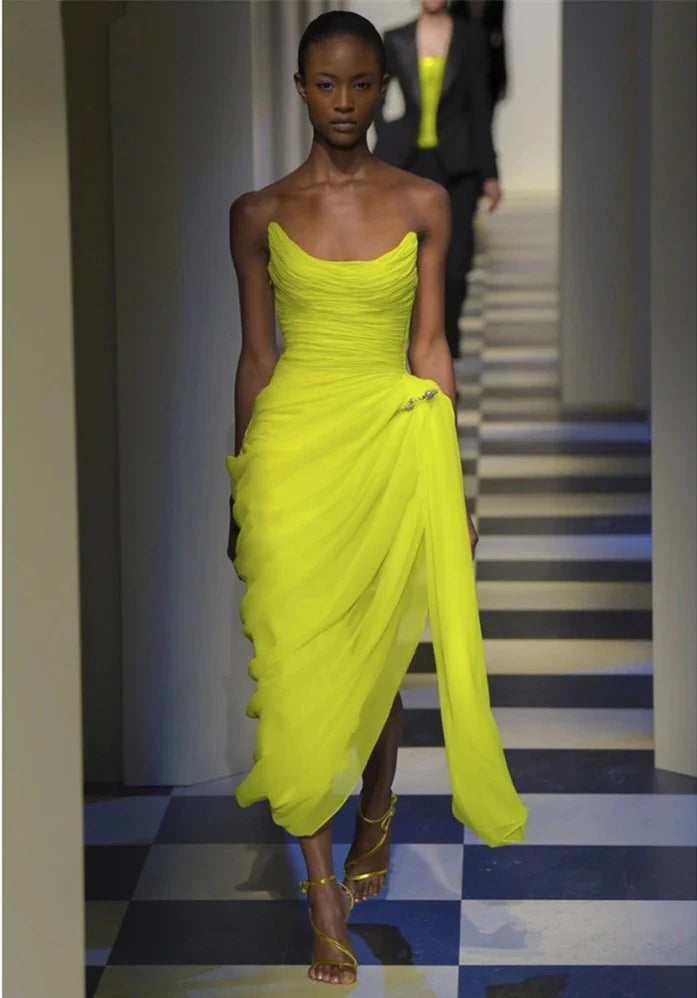 Long Chiffon Yellow Prom Dresses With Irregular Skirt