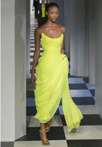 Long Chiffon Yellow Prom Dresses With Irregular Skirt