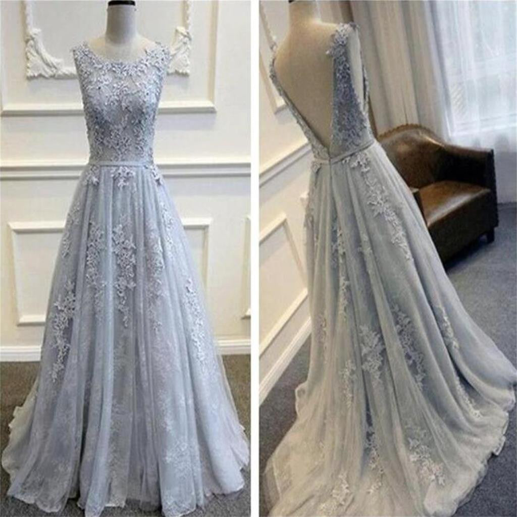 Long Custom Gray V-Back Scoop Tulle With Lace Appliques Party Prom Dresses