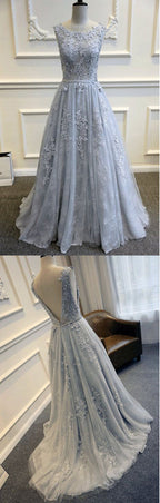 Long Custom Gray V-Back Scoop Tulle With Lace Appliques Party Prom Dresses