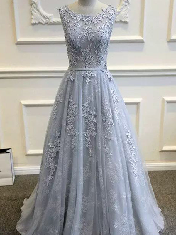 Long Custom Gray V-Back Scoop Tulle With Lace Appliques Party Prom Dresses Main image