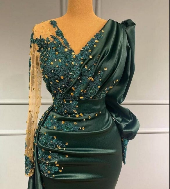 Long Dark Green Elegant Mermaid Prom Dress With Sleeves