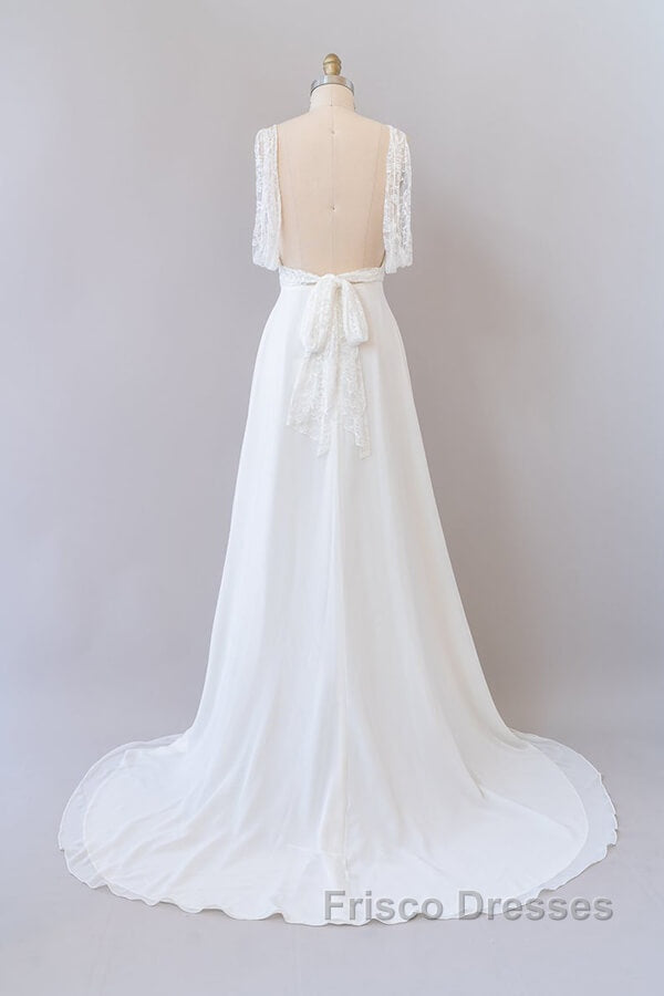Long Empire A-line V-neck Lace Chiffon Open Back Wedding Dress Secondary image