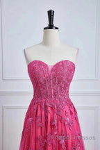 Long Fuchsia Formal Prom Dress Strapless A-Line Floral Formal Wear Slit