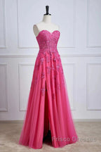 Long Fuchsia Formal Prom Dress Strapless A-Line Floral Formal Wear Slit