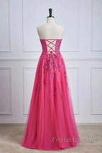 Long Fuchsia Formal Prom Dress Strapless A-Line Floral Formal Wear Slit