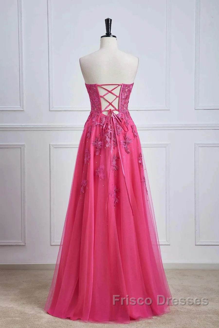 Long Fuchsia Formal Prom Dress Strapless A-Line Floral Formal Wear Slit