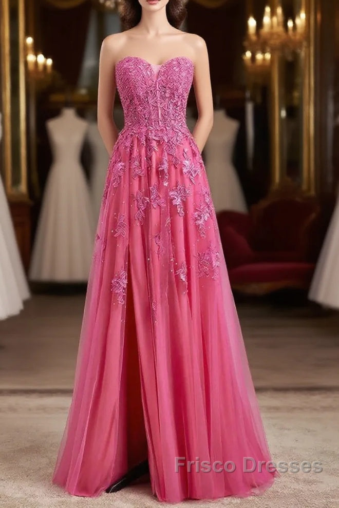 Long Fuchsia Formal Prom Dress Strapless A-Line Floral Formal Wear Slit Main image