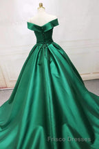 Long Green Satin V-neck Ball Gowns Formal Prom Dress Off The Shoulder