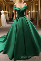Long Green Satin V-neck Ball Gowns Formal Prom Dress Off The Shoulder