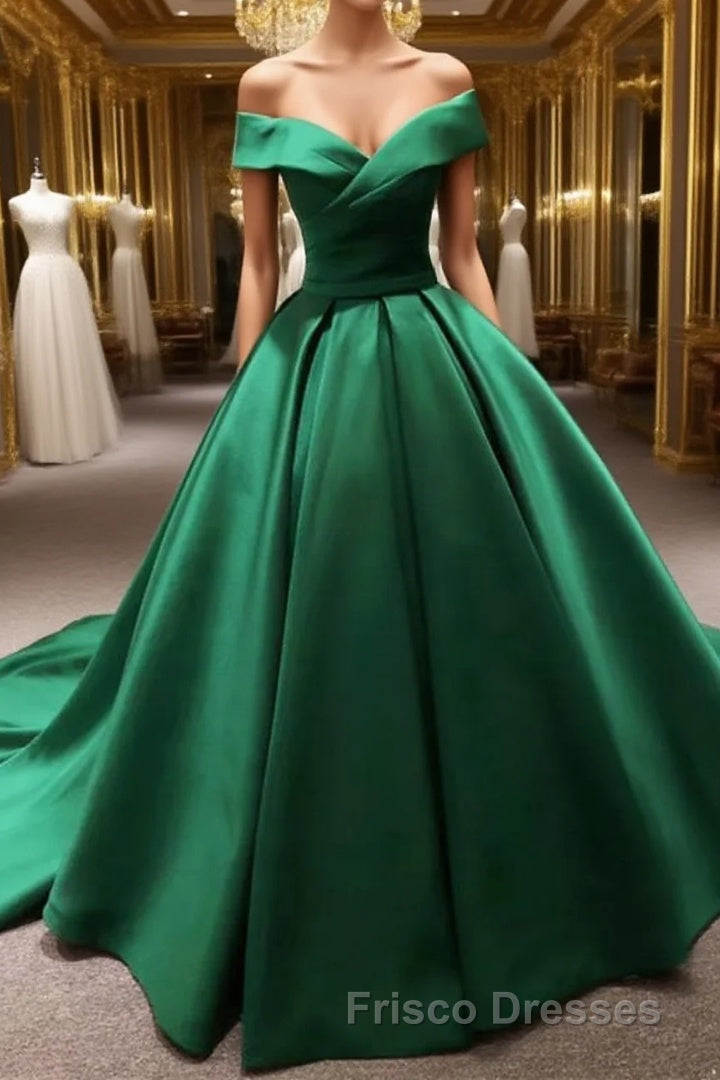 Long Green Satin V-neck Ball Gowns Formal Prom Dress Off The Shoulder