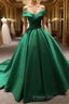 Long Green Satin V-neck Ball Gowns Formal Prom Dress Off The Shoulder