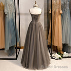 Long Grey Tulle Prom Dress Corset With Beaded Neck A Line
