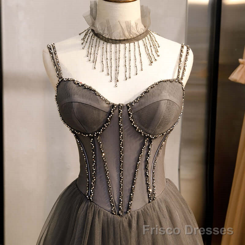 Long Grey Tulle Prom Dress Corset With Beaded Neck A Line