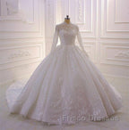 Long High neck Appliques Lace Ball Gown Wedding Dress with Sleeves