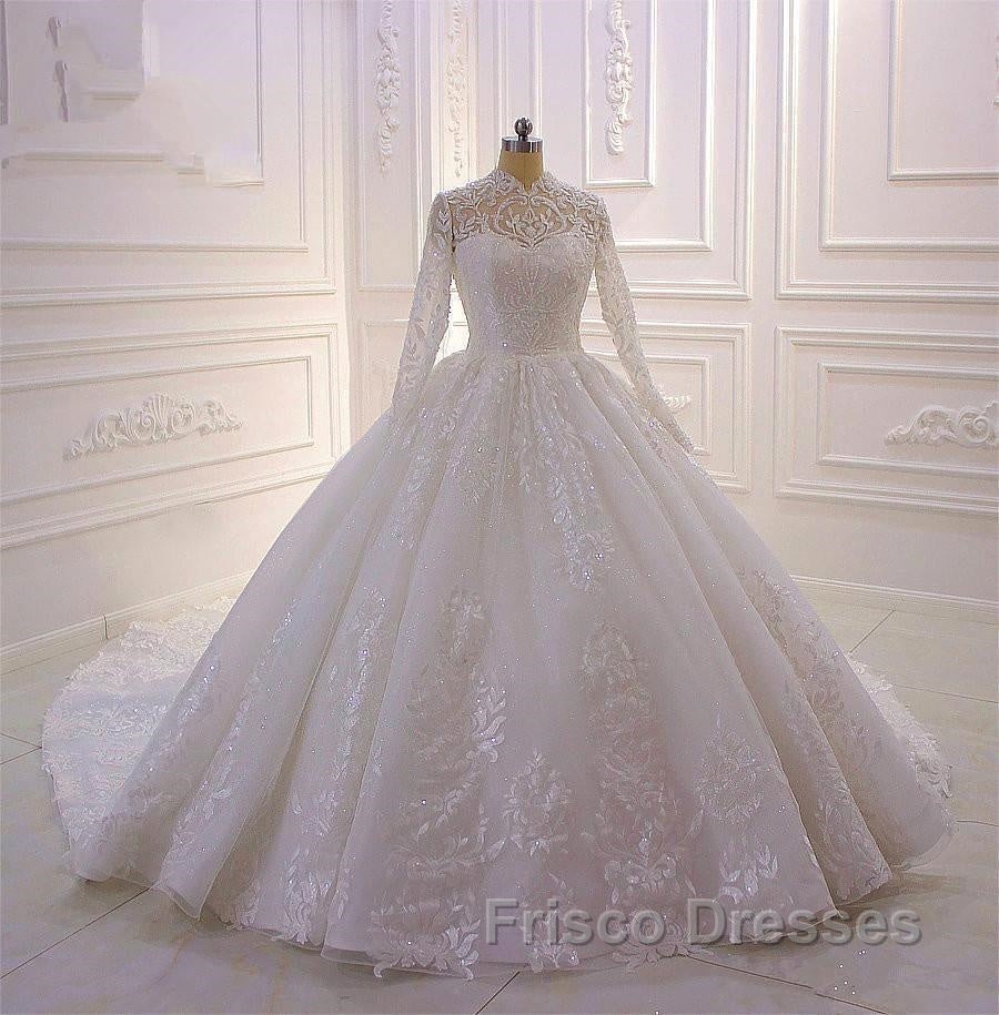 Long High neck Appliques Lace Ball Gown Wedding Dress with Sleeves