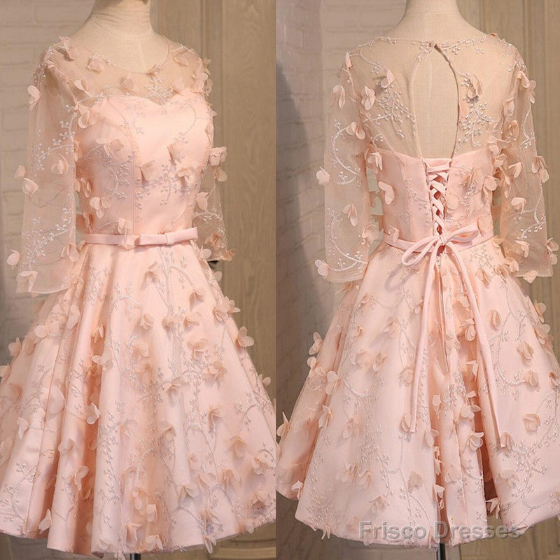 Long Illusion Sleeve  Clairvoyant Outfit Lace Up Back For Teen Organza Full Appliques Homecoming Dress