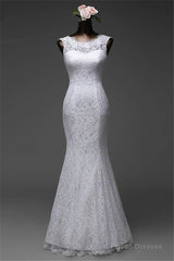 Long Jewel Long Mermaid Wedding Dress Bride Gown With Lace