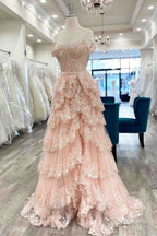 Long Light Blue Corset Lace Prom Gowns Tiered Tulle Formal Graduation Dress