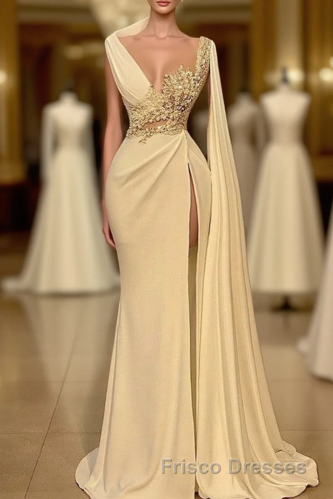 Long Mermaid Asymmetrical Ruffles Beading Satin Formal Prom Dress With High Slit Main image